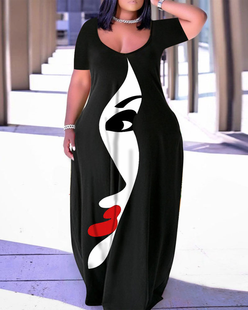 

Plus Size Abstract Figure Print Casual Maxi Dress, Black