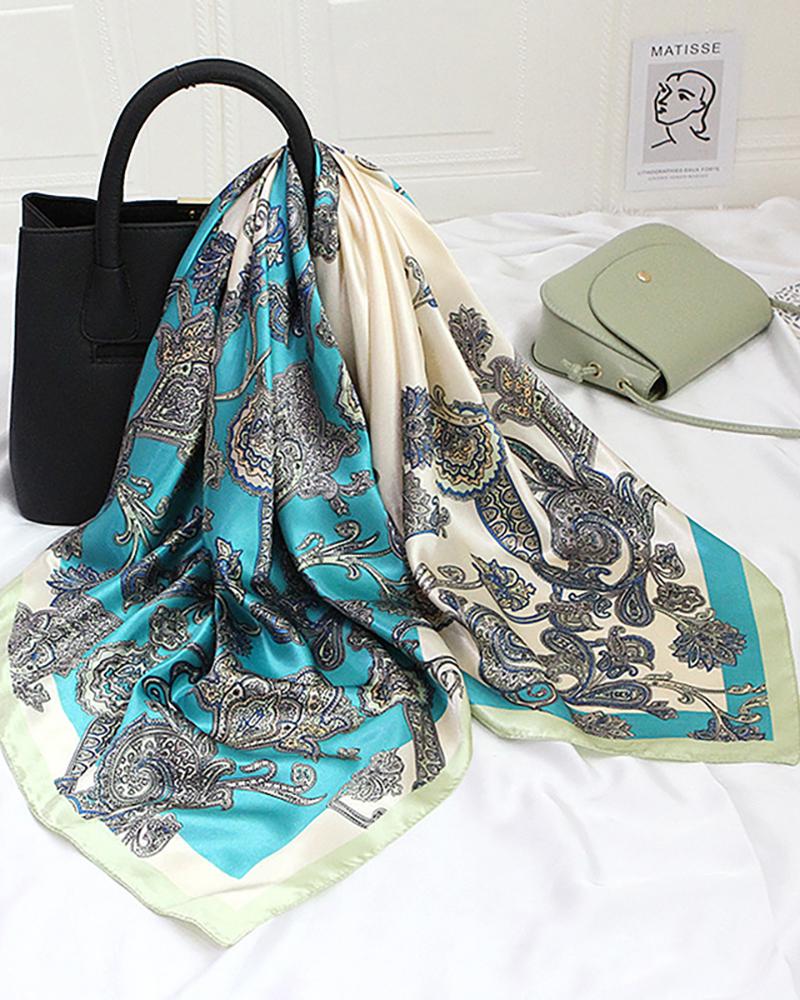 

Graphic Print Vintage Satin Square Silk Scarf, Blue