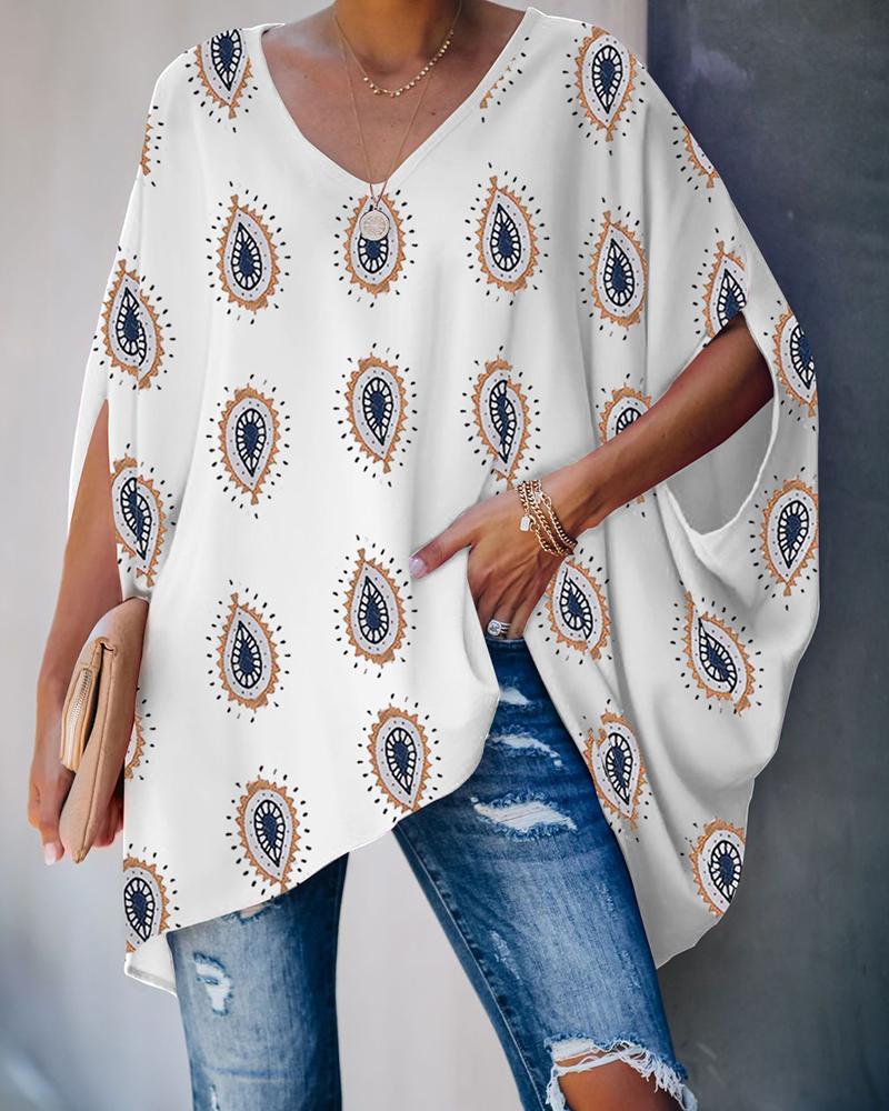

Print Batwing Sleeve Casual Blouse, White