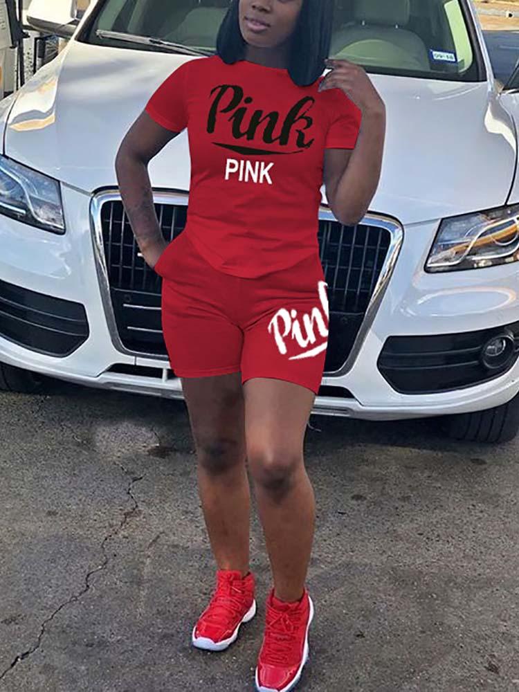

Letter Print Short Sleeve Tracksuit, Red