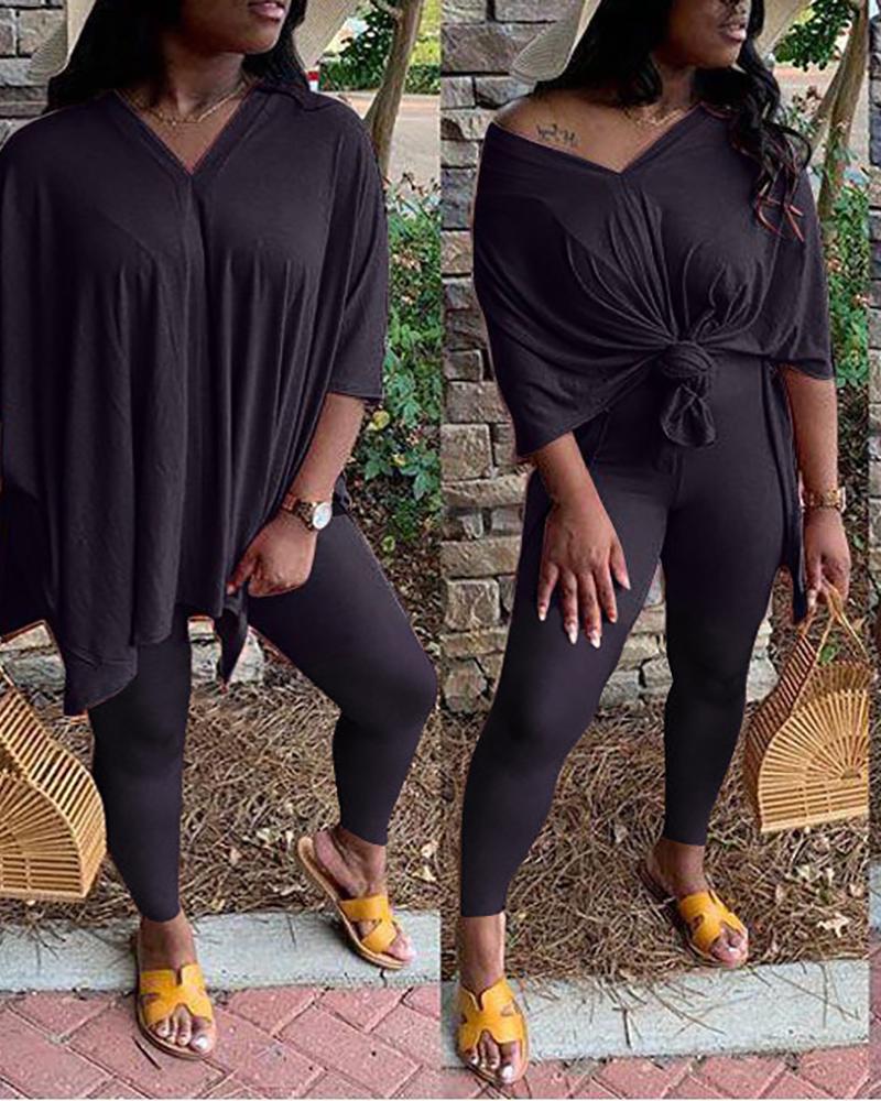 

Solid Casual Crop Top & Pants Set, Black