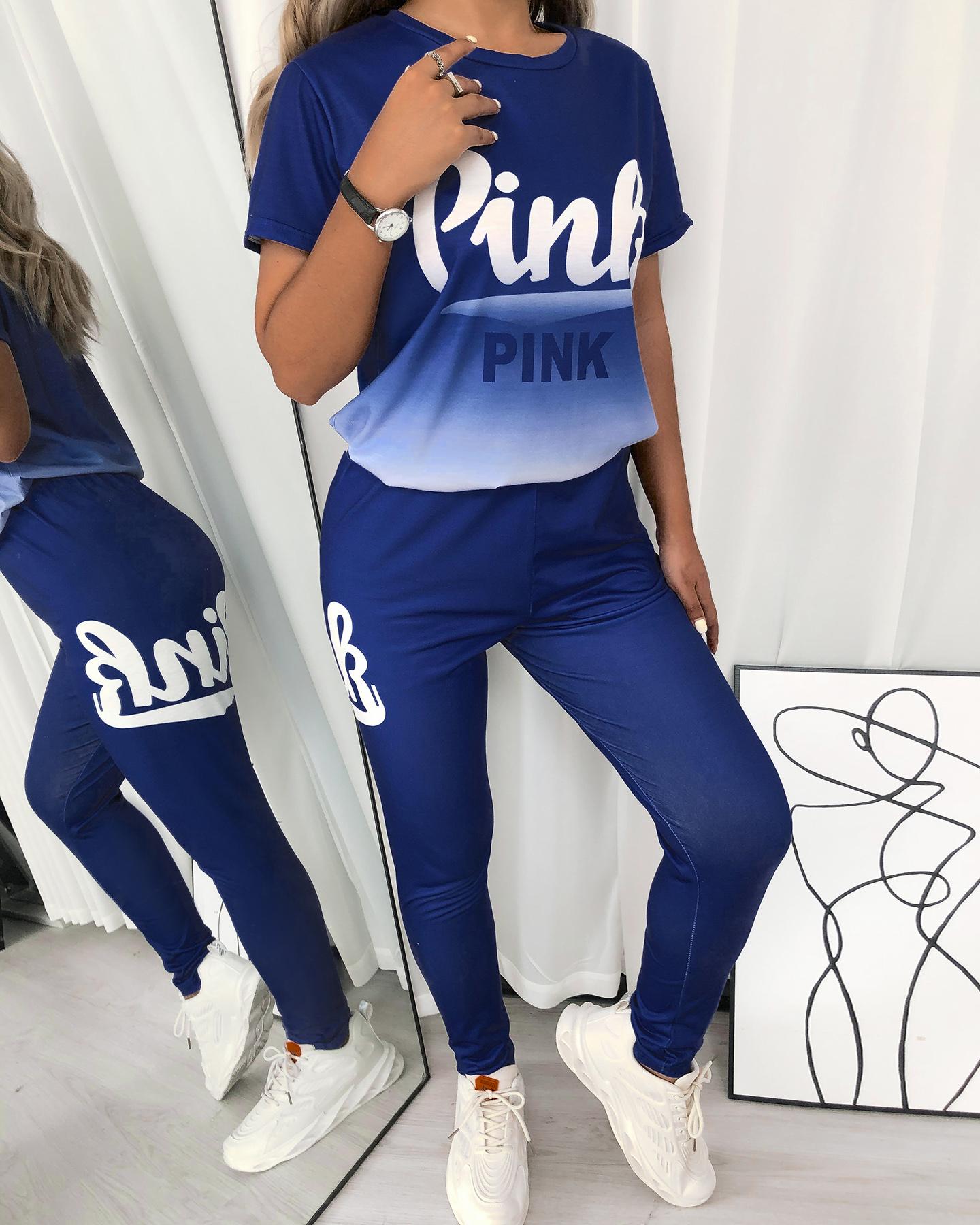 

Letter Ombre Print Casual T-shirt & Pants Set, Dark blue