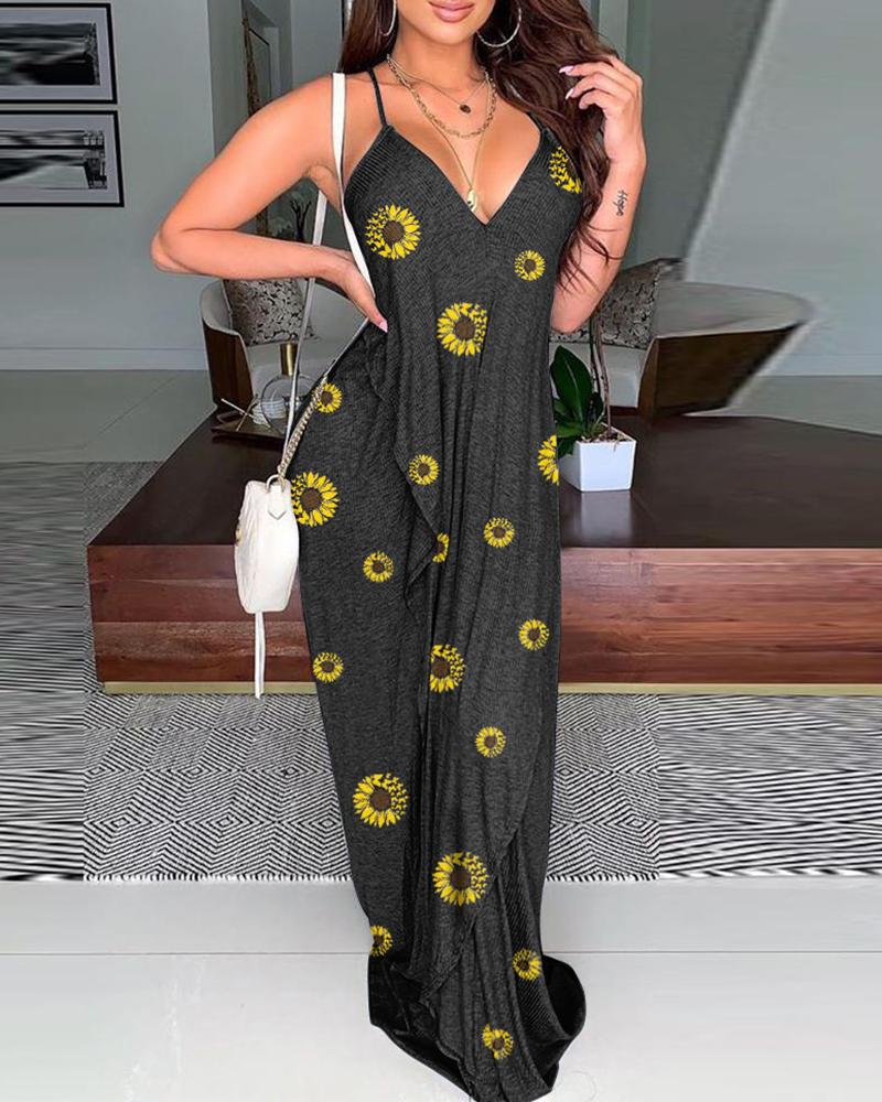 

Sunflower Print Backless Ruched Maxi Dress, Black