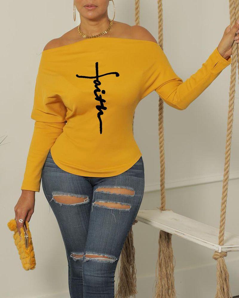 

Letter Print Off Shoulder Top, Yellow