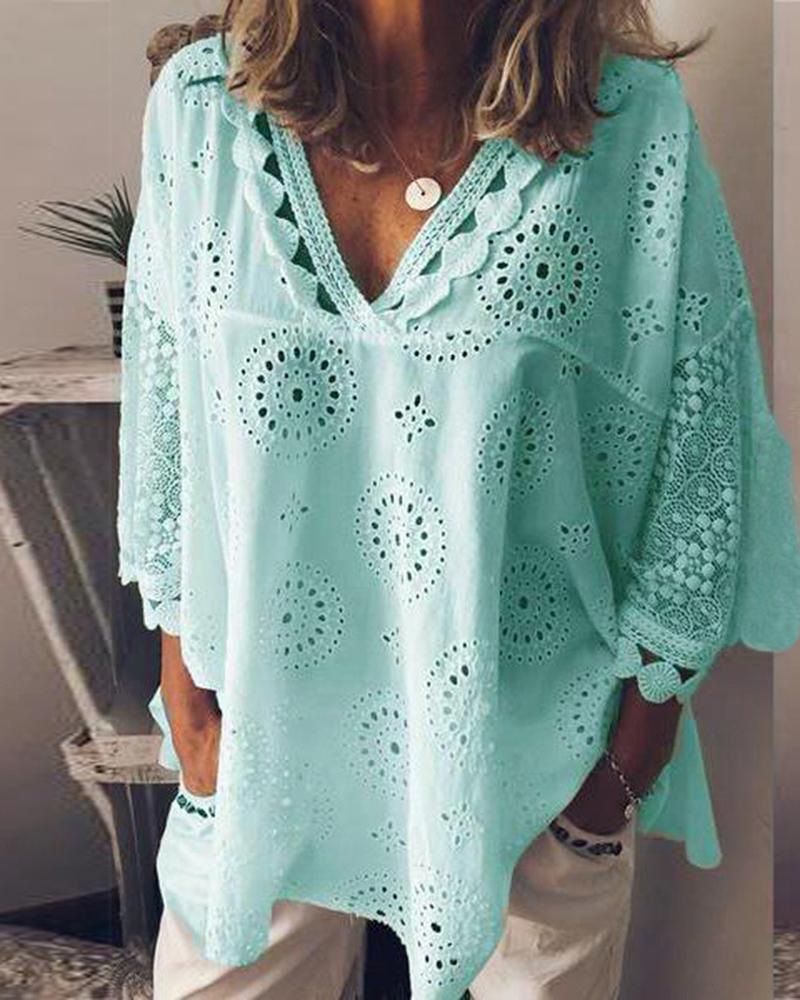 

V Neck Broderie Anglaise Lace Women Blouse, Green