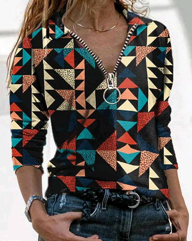 

Geometric Print Zipper Front Long Sleeve Top, Multicolor