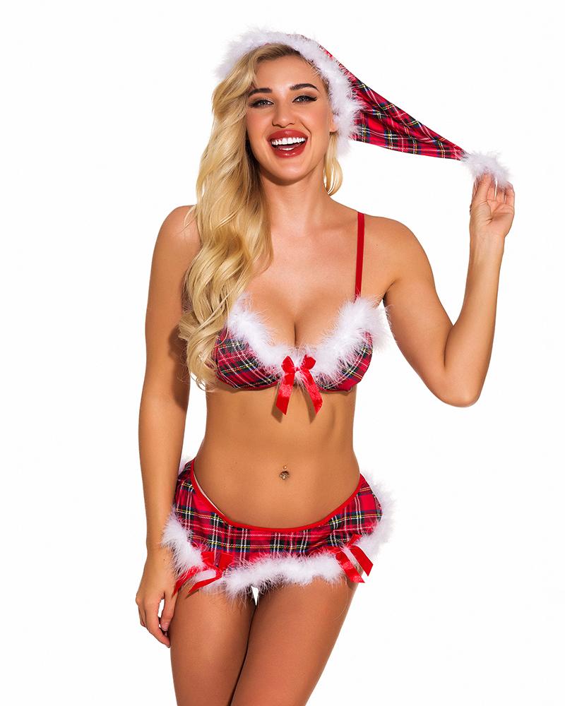 

Bowknot Decor Plaid Print Fluffy Christmas Lingerie Set, Red