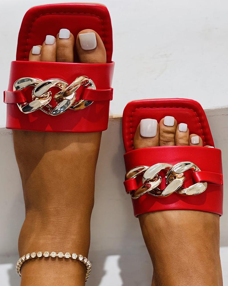 

Chain Decor Square Toe Flat Sandals, Red