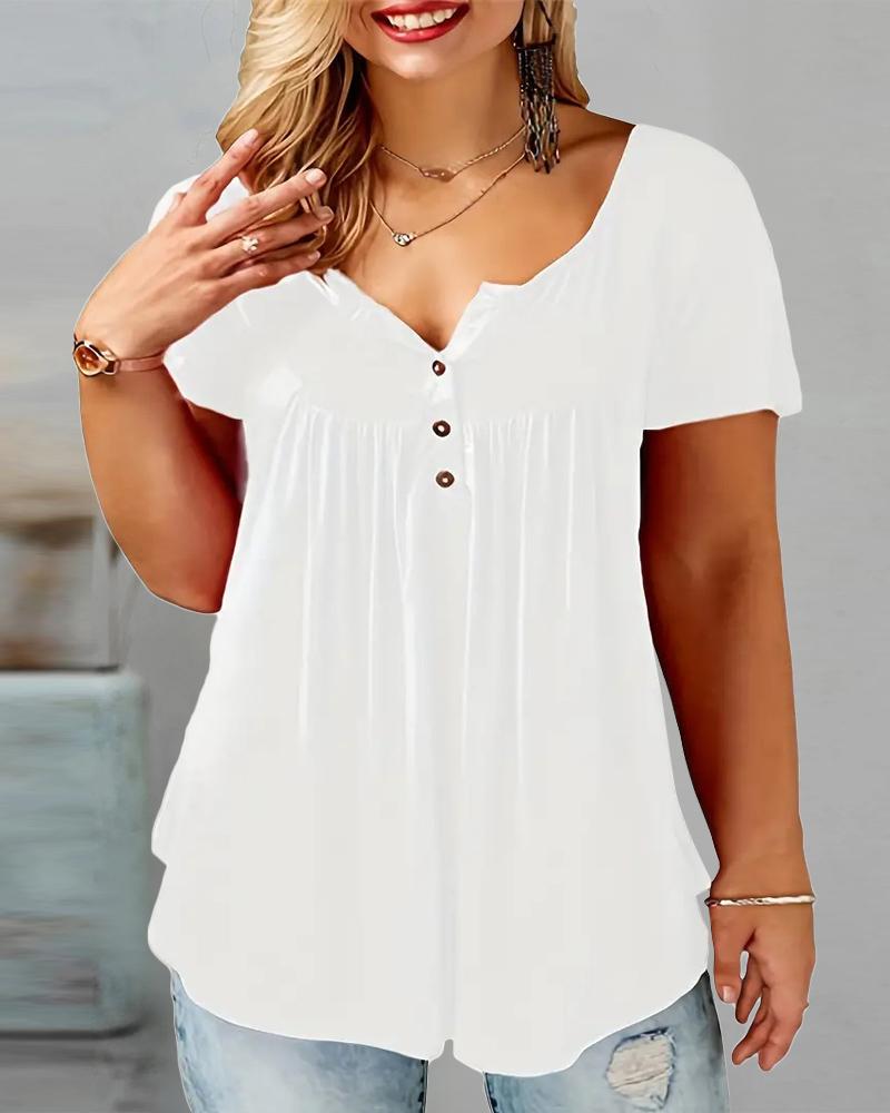 

Plus Size Ruched Buttoned Short Sleeve Top, White