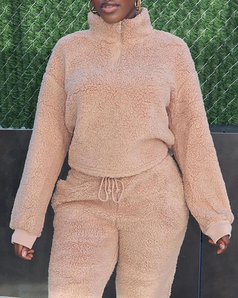 

Long Sleeve Zipper Design High Neck Fluffy Sweatshirt, Apricot