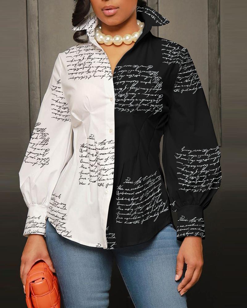 

Colorblock Letter Print Lantern Sleeve Button Down Shirt, Blackwhite