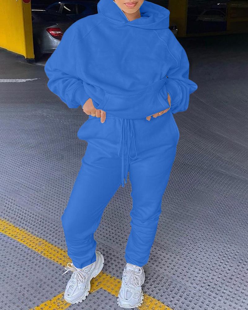 

Pocket Design Hooded Top & Drawstring Pants Set, Blue