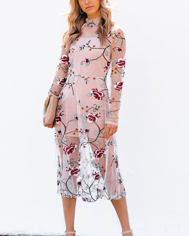 

See-through Mesh Splicing Floral Embroidery Long Sleeve Midi Dress, Khaki