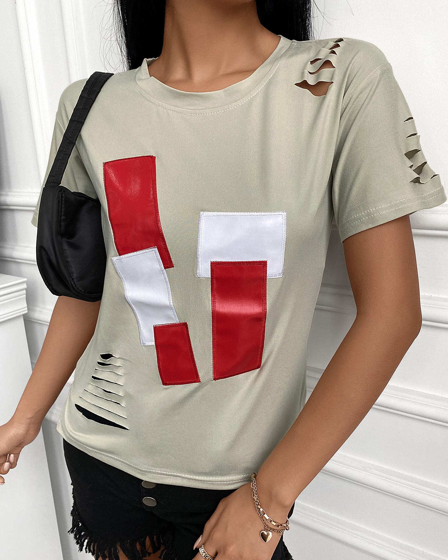 

Colorblock Embroidery Patch Cutout T-shirt, Light green