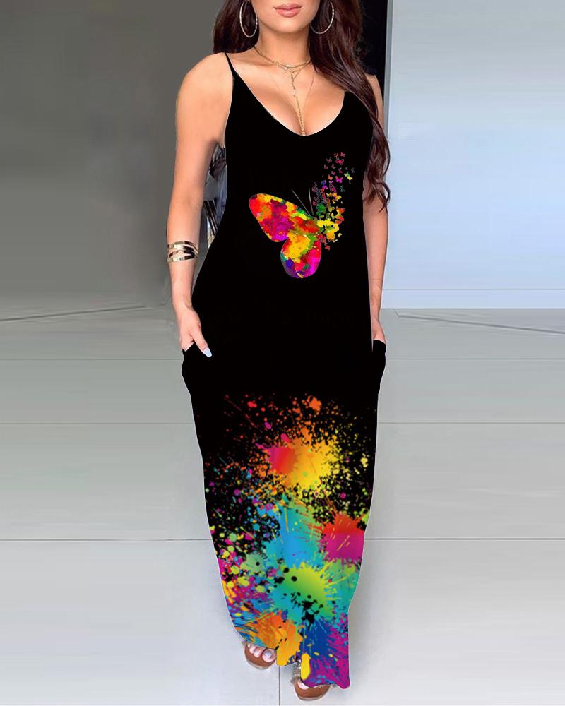 

Ink Splash Butterfly Print Pocket Design Maxi Dress, Black