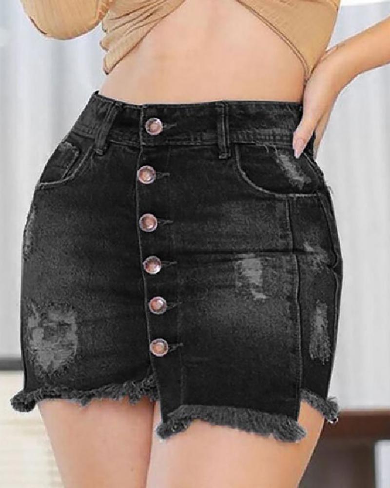 

Ripped Fringe Hem Casual Denim Skirt, Black