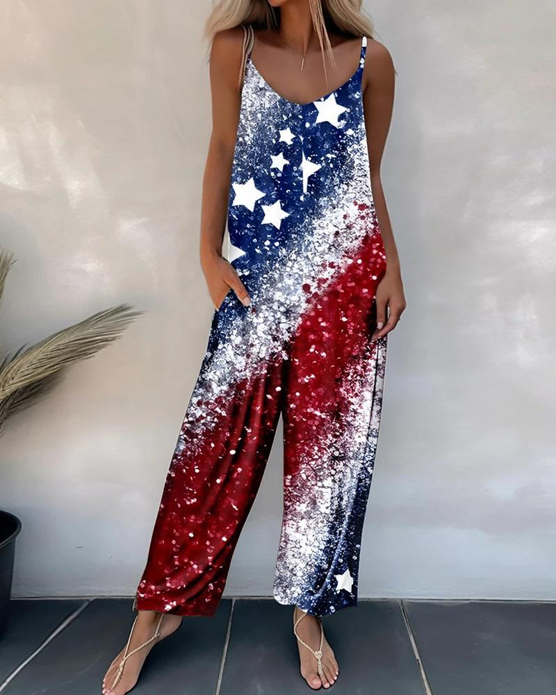 

Independence Day Flag Print Pocket Design Jumpsuit, Multicolor