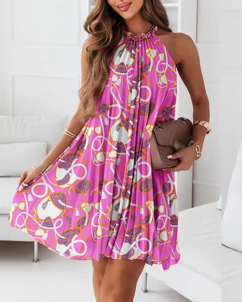 

Scarf Chain Print Sleeveless Halter Pleated Dress, Purple