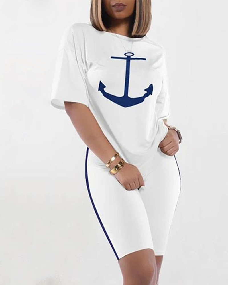 

Anchor Print Short Sleeve Top & Contrast Binding Shorts Set, White