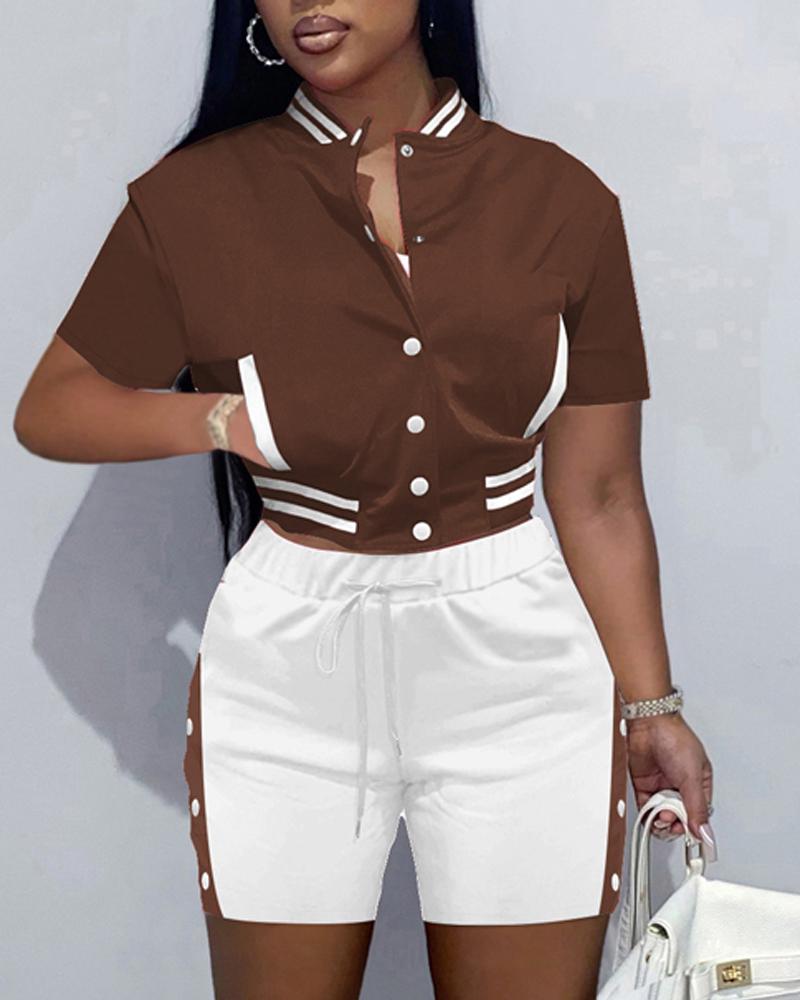 

Contrast Paneled Button Front Crop Top & Shorts Set, Brown