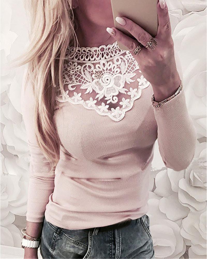 

Guipure Lace Patch Long Sleeve Top, Pink