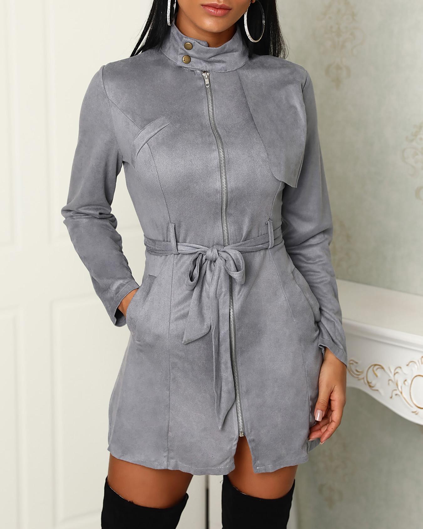

Zipper Front Pocket Design Belted Dress, Gray