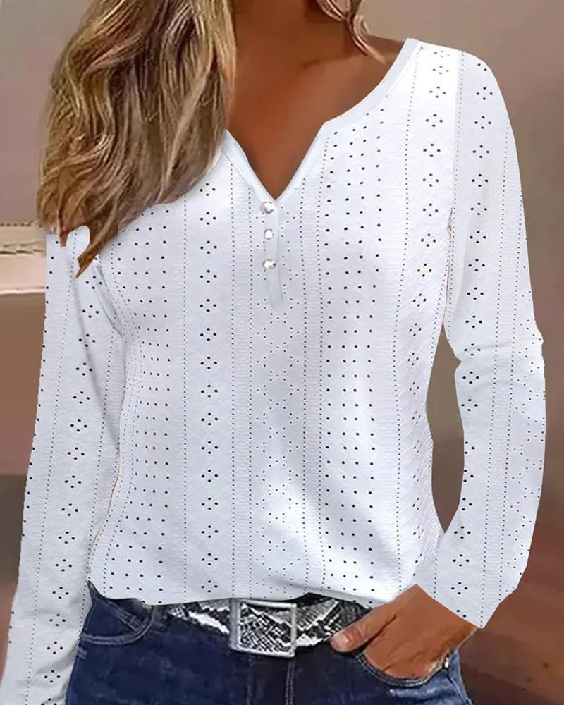 

Eyelet Embroidery Notch Neck Casual Blouse, White