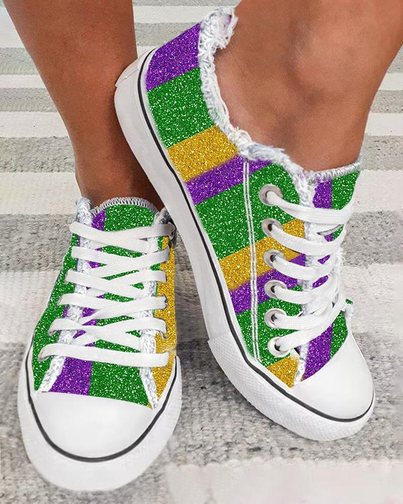 

Colorblock Fringe Hem Eyelet Lace-up Sneakers, Multicolor