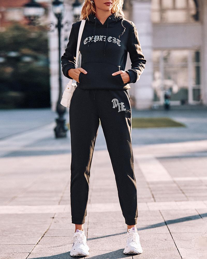 

Letter Print Long Sleeve Hooded Top & Pants Set, Black
