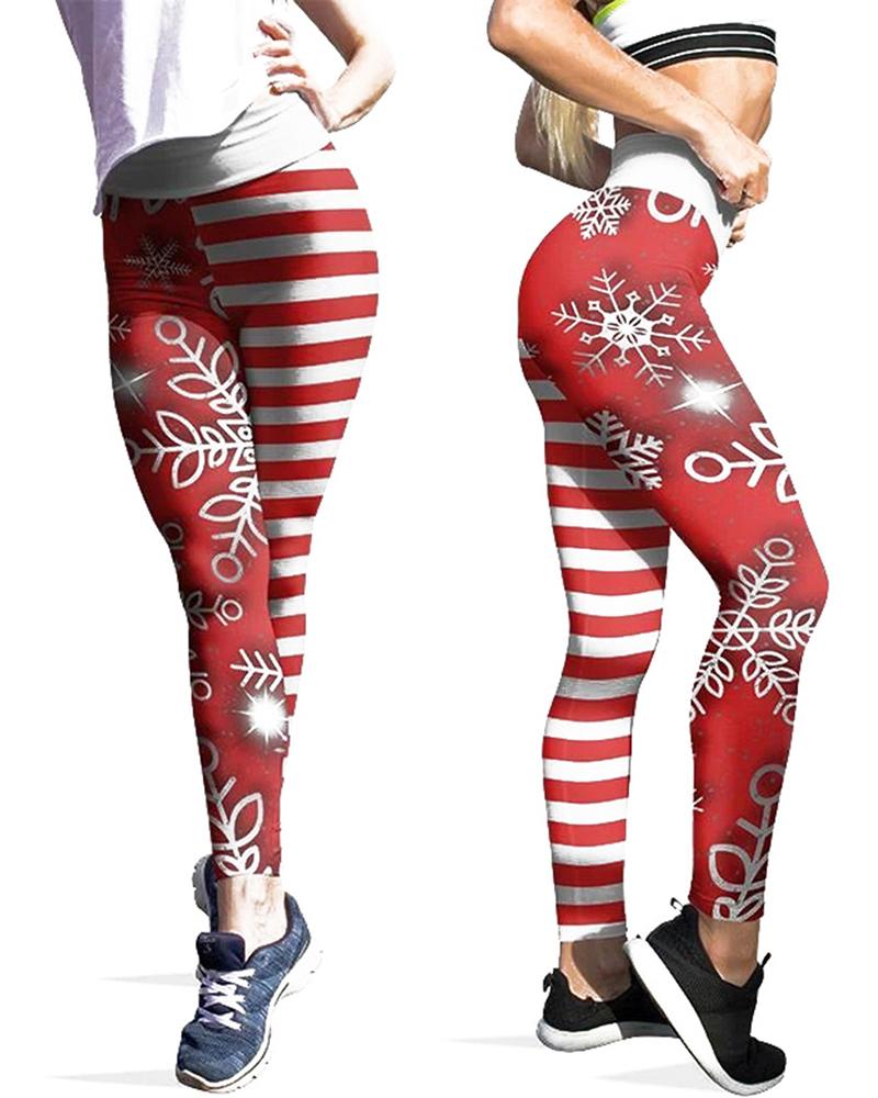 

Christmas Snowflake Striped Print High Waist Legging, Red
