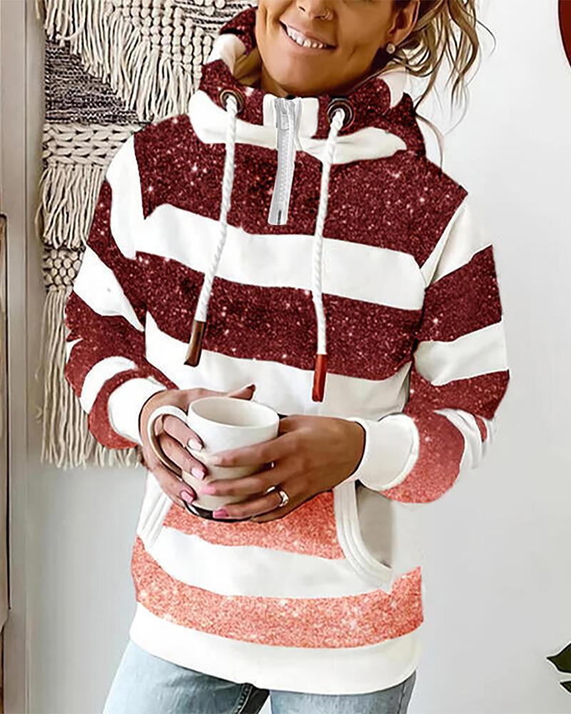 

Striped Ombre Pocket Design Hooded Sweatshirt, Red