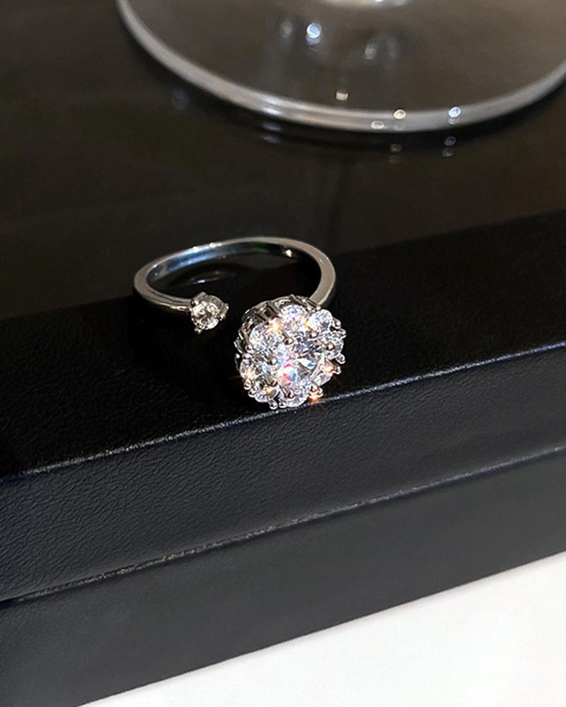 

1pc Zircon Floral Rhinestone Open Ring, Silver