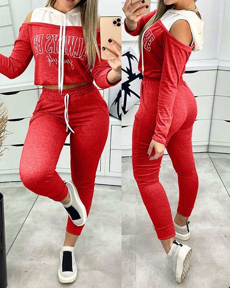 

Cold Shoulder Colorblock Letter Print Hooded Top & Drawstring Pants Set, Red