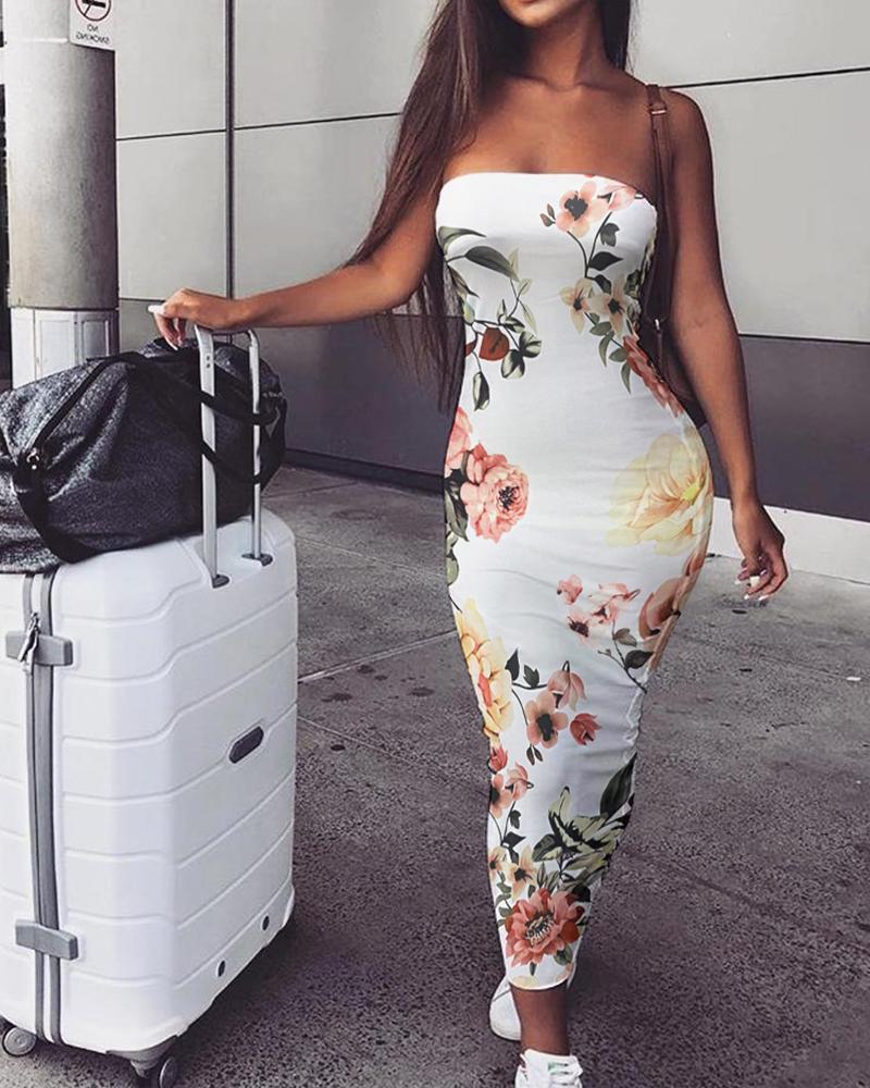 

Bandeau Floral Print Bodycon Dress, White