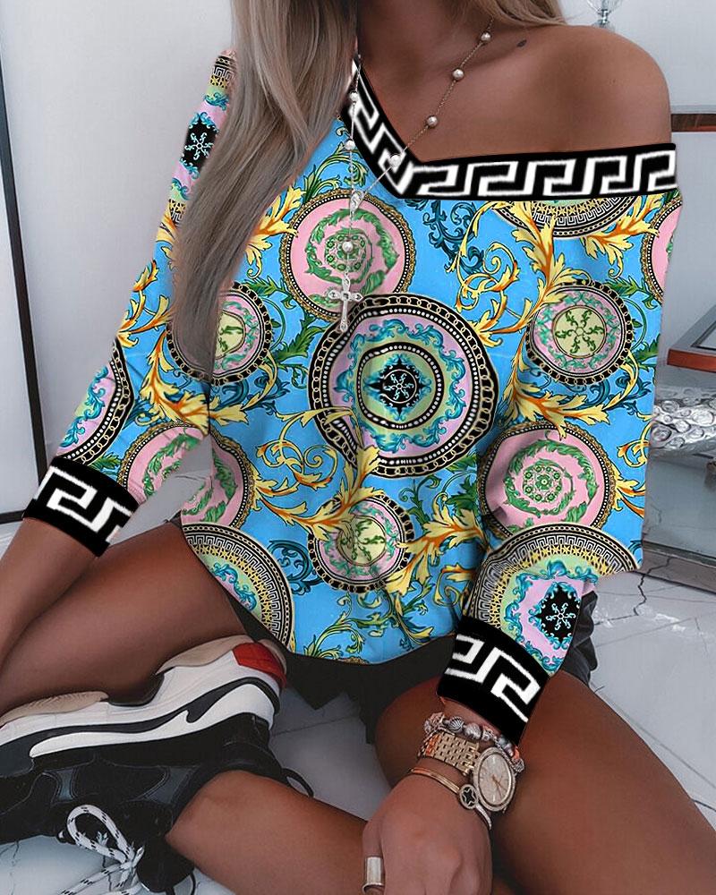 

Baroque Print Long Sleeve Top, Blue