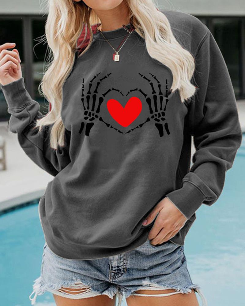 

Halloween Heart Print Long Sleeve Sweatshirt, Gray