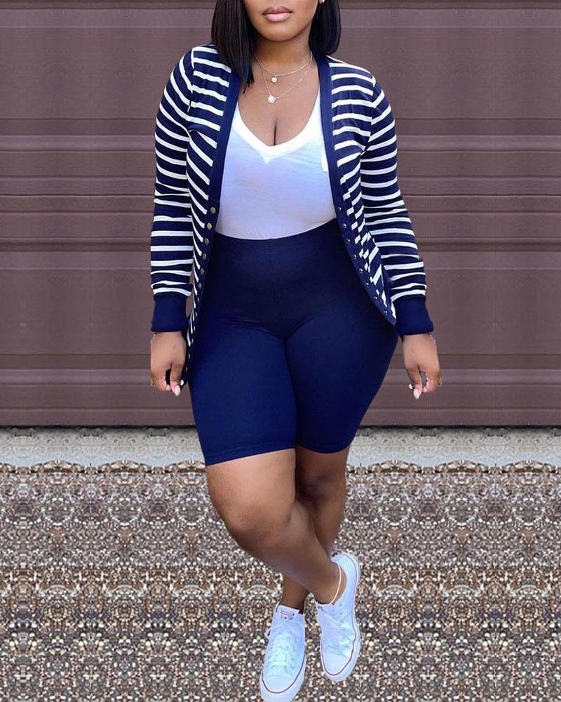 

Striped Press Button Long Sleeve Top & Shorts Set, Dark blue
