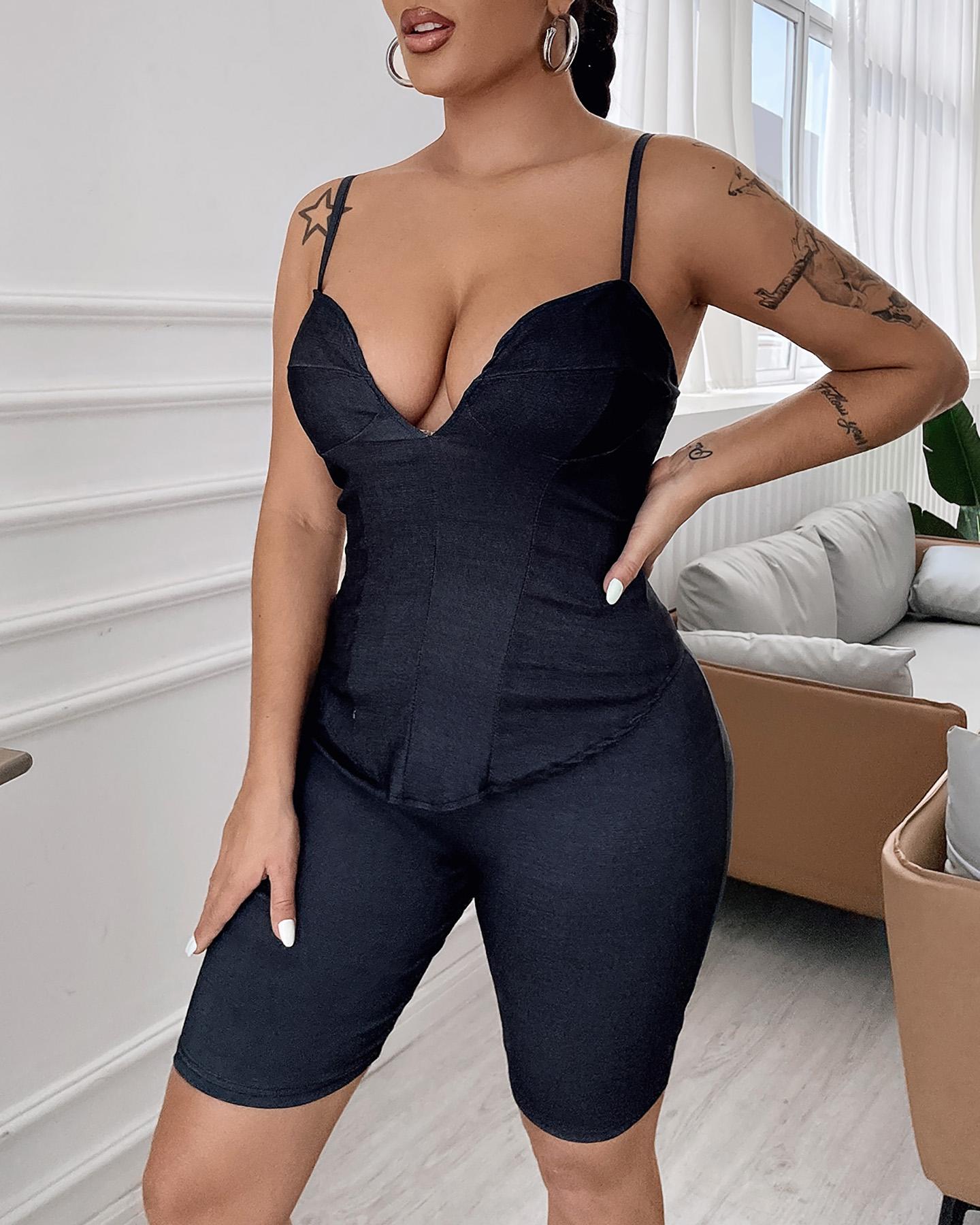 

Solid Color Cami Top & Shorts Set, Dark blue