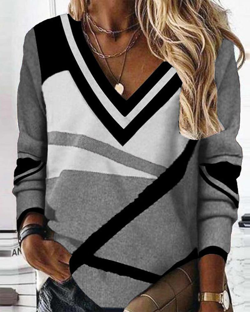 

Colorblock Geometric Print Long Sleeve Sweatshirt, Gray