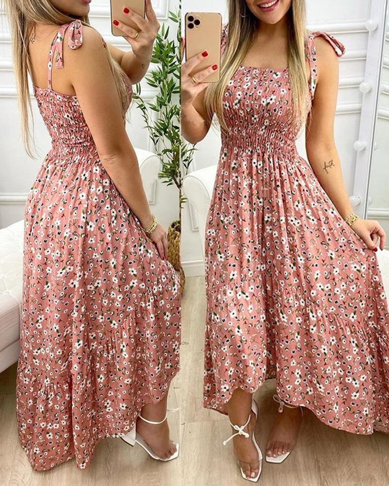 

Tied Strap Ditsy Floral Print Maxi Dress, Pink