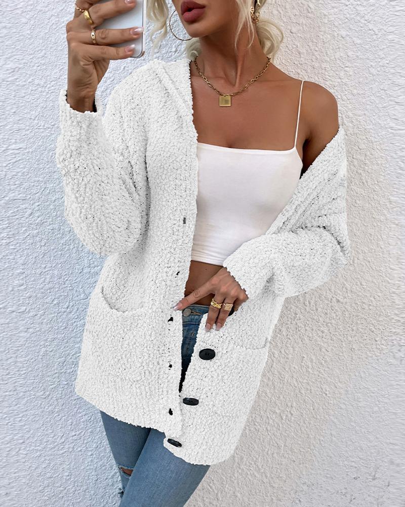 

Long Sleeve Button Up Hooded Teddy Cardigan, White