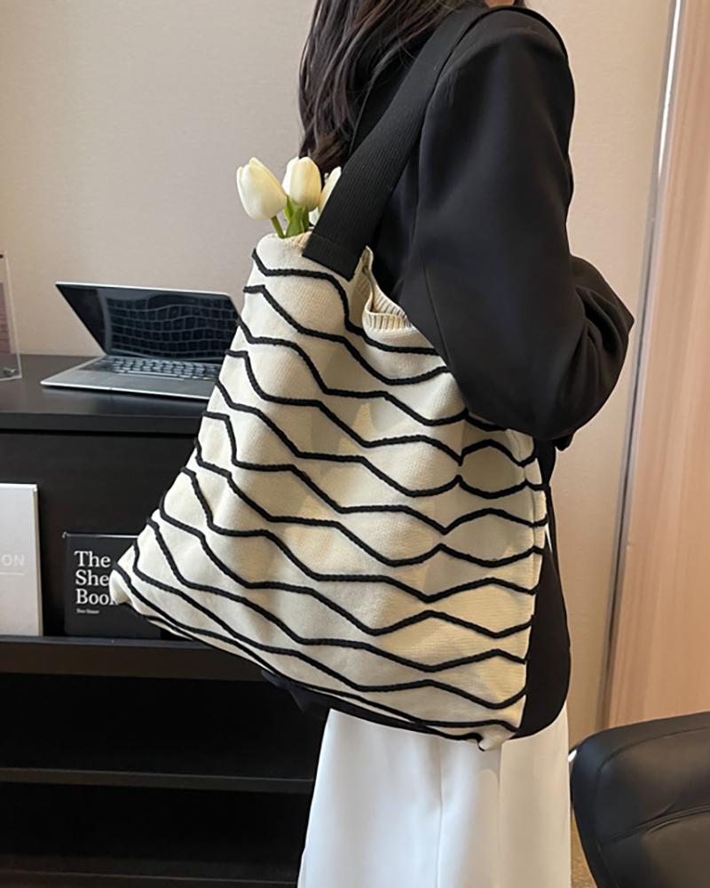 

Abstract Striped Large Capacity Knit Tote Bag, Beige