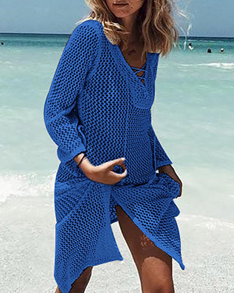 

Slit Lace-Up Crochet Cover Up Dress, Blue