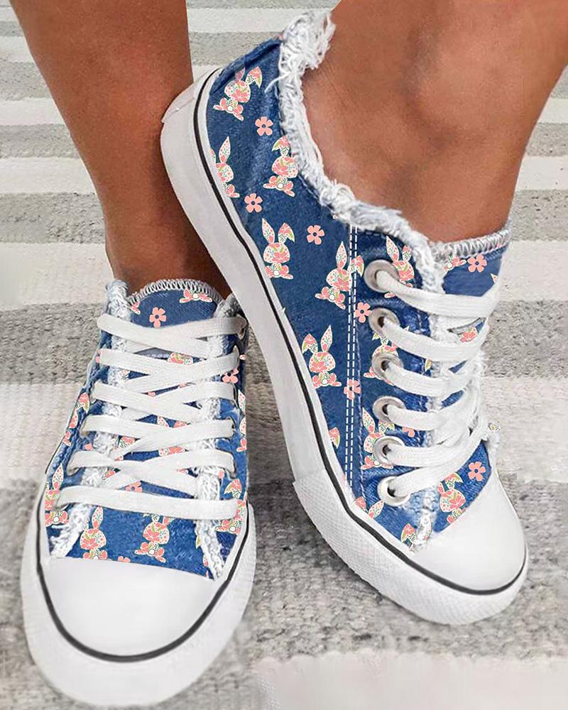 

Easter Floral Bunny Print Fringe Hem Canvas Sneakers, Blue