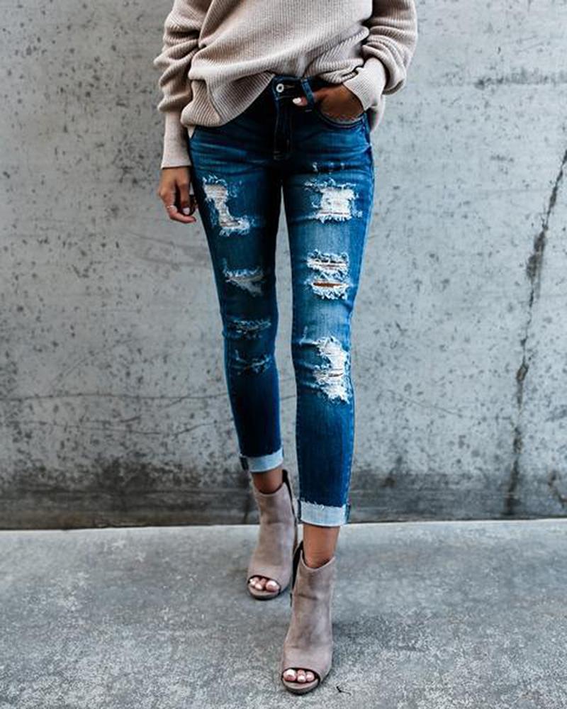 

High Waist Raw Hem Ripped Jeans, Lighted blue