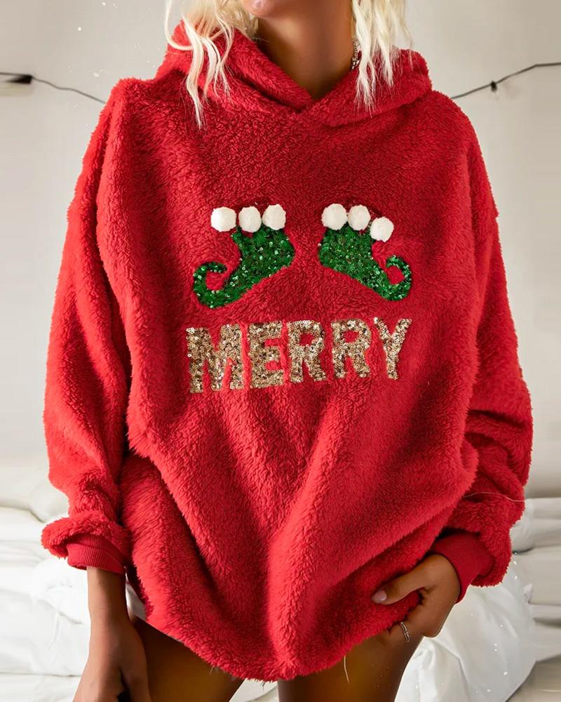 

Christmas Sequins Graphic Letter Pattern Teddy Sweatshirt, Red