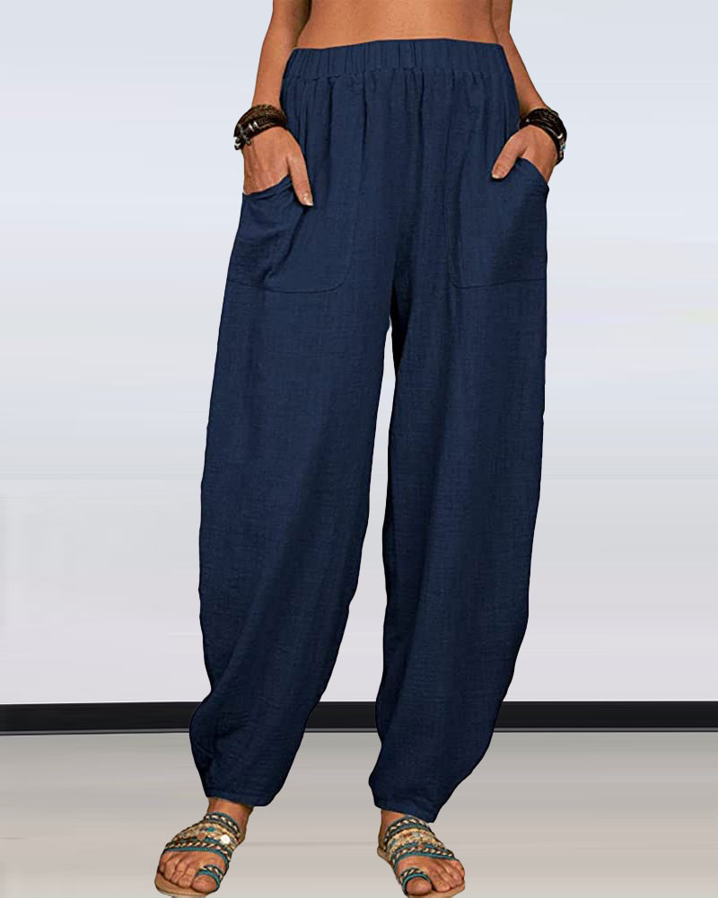 

Pocket Detail Elastic Waist Casual Pants, Purplish blue