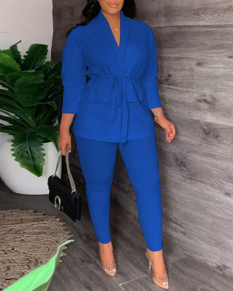 

Plus Size Drawstring Blazer Coat & High Waist Pants Set, Blue