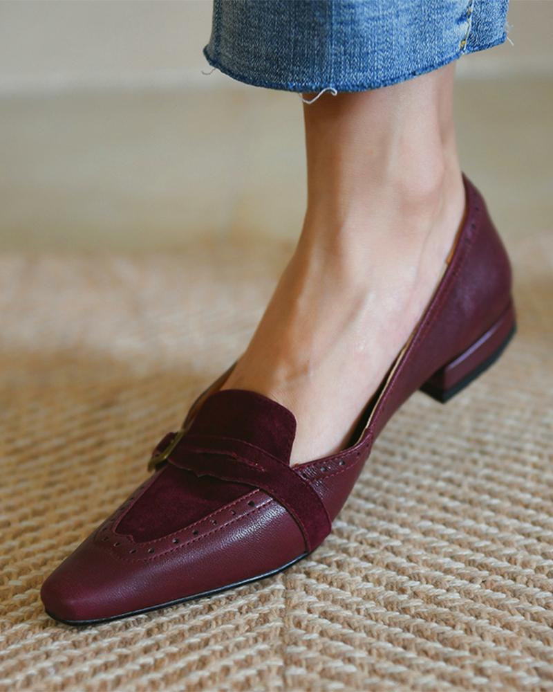 

Suede Patch Buckled Square Toe Slip On Shoes, Wine red