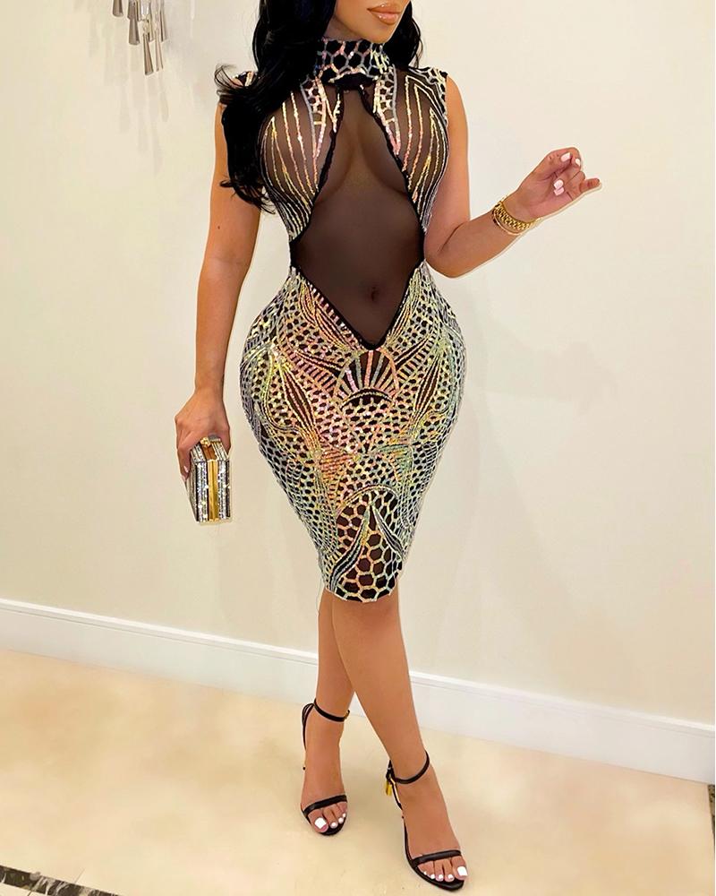 

Sequins Sheer Mesh Sleeveless Bodycon Dress, Gold